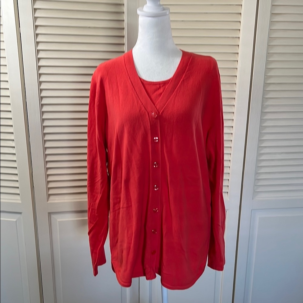 2 piece cardigan and tank set. Women's Orangey Red Button-Up Cardigan